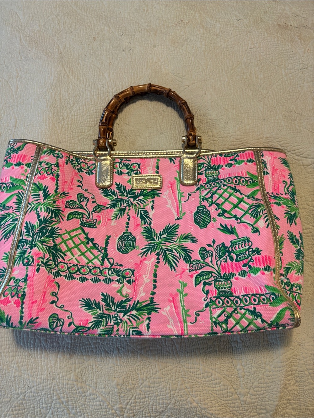 Lilly Pulitzer Pink Tote with Green Tropical Print and Bamboo Handles